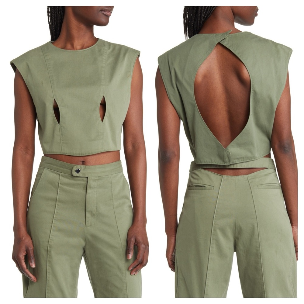 HEAD OF STATE HOS Khaki Ogun Drill Tank Cutout Crop Top Green